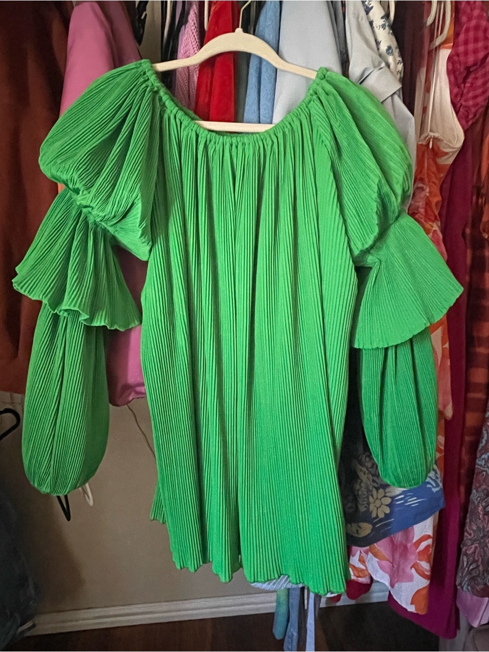 Nasty Gal Bright Green Pleated Puff Sleeve Bardot Dress